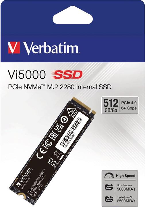 Image du produit Verbatim Vi5000 SSD M.2 512GB PCIe4 NVMe 31825 (512 Go, M.2 2280)