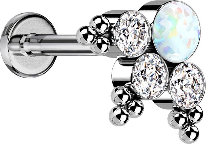 Produktbild Star Piercing Micro Labret Innengewinde silber Kugeln Dreieck drei Kristalle silber Opal weiss (ohne Messing, Titan G23)