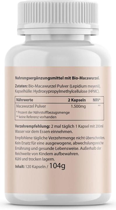 Valeurs nutritives et ingrédients Biotanicals Maca (120 pièce(s), Capsules, 140 g)