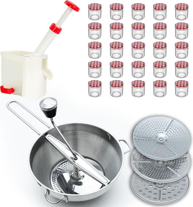 Intirilife Preserving set: Stainless steel strainer with 3 sieve inserts & 25 preserving jars & cherry pitter