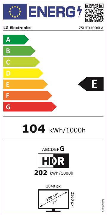 Energy Label LG 75UT91006LA.AEU TV 190.5 cm (75) 4K Ultra HD Smart TV WLAN Black (75", UT91, LED, 4K)
