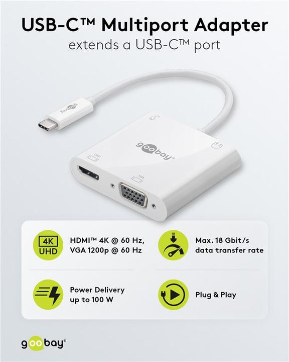 Produktbild Goobay USB-C™ Multiport-Adapter HDMI™+VGA+PD 100 W, 1 Stk. im Polybeutel, Weiss (HDMI, VGA)