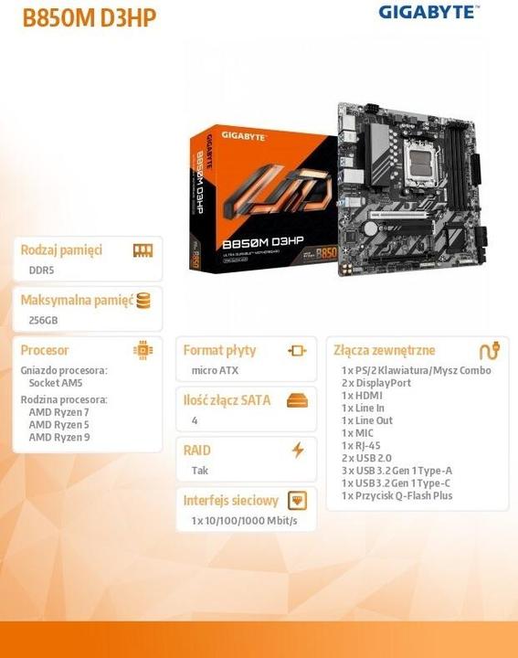 Actual product image Gigabyte B850M D3HP (AM5, AMD B850, mATX)