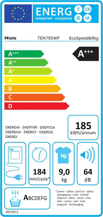 Energy Label Miele Wärmepumpen-Trockner TEH795 WP EcoSpeed&9kg (9 kg, Left)