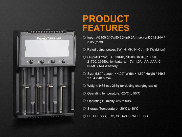 Actual product image Fenix Round cell charger ARE A4 (1 pcs., 10340, 10350, 10440, 10500, 12500, 12650, 13500, 13650, 14500, 14650, 16340, 16650, 17500, 17650, 17670, 18350, 18490, 18500, 18650, 18700, 21700, 22650, 25500, 26500, 26650, Rechargeable battery)