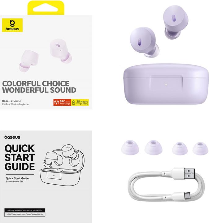 Actual product image Baseus Bowie E18 wireless TWS ENC IPX4 headphones - purple (25 h, Wireless)