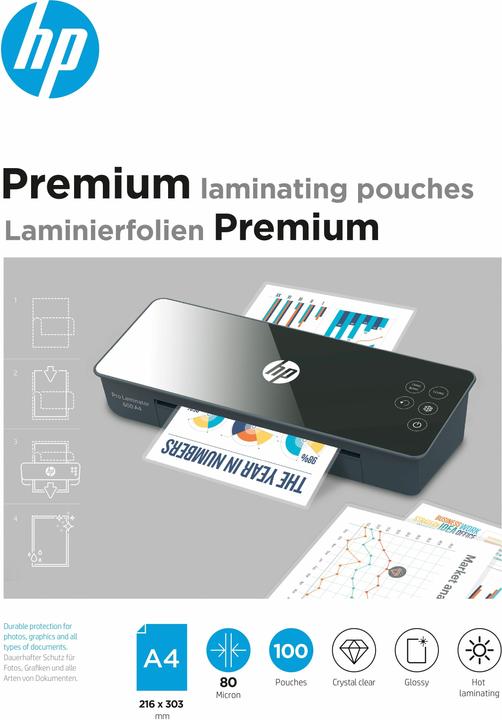 HP Film de plastification Premium A4, 80 µm, 100 pièces, Brillant (A4, 100 pièce(s), 80 µm)