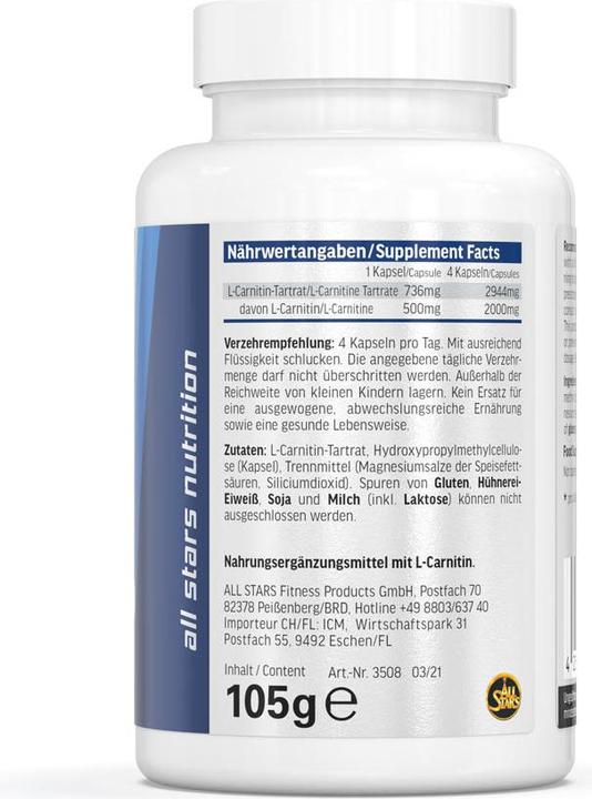 Valori nutrizionali e ingredienti All Stars L-Carnitin Tartrat (120 Pezzo/i, Pillole, 150 g)