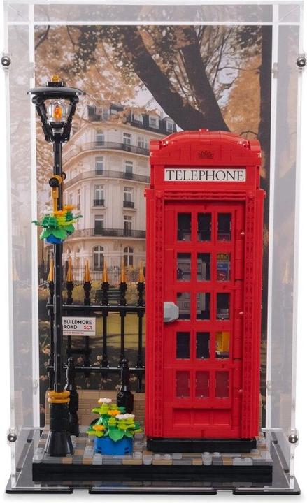 Actual product image iDisplayit Acrylic display for LEGO® 21347 Red London Telephone Box (With background image)