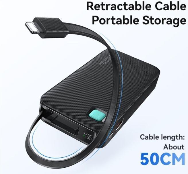 Image du produit Usams Powerbank ze zwijanym kablem USB-C Retractable 10000 mAh PD 20W Fast Charge XY Series czarny/b (10000 mAh, 50 W, 50 Wh)