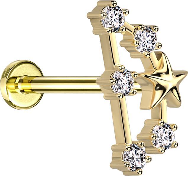 Actual product image Star Piercing Micro Labret Inner Thread Gold Plated Star Sign Capricorn with Crystals (Surgical steel 316L, Brass)