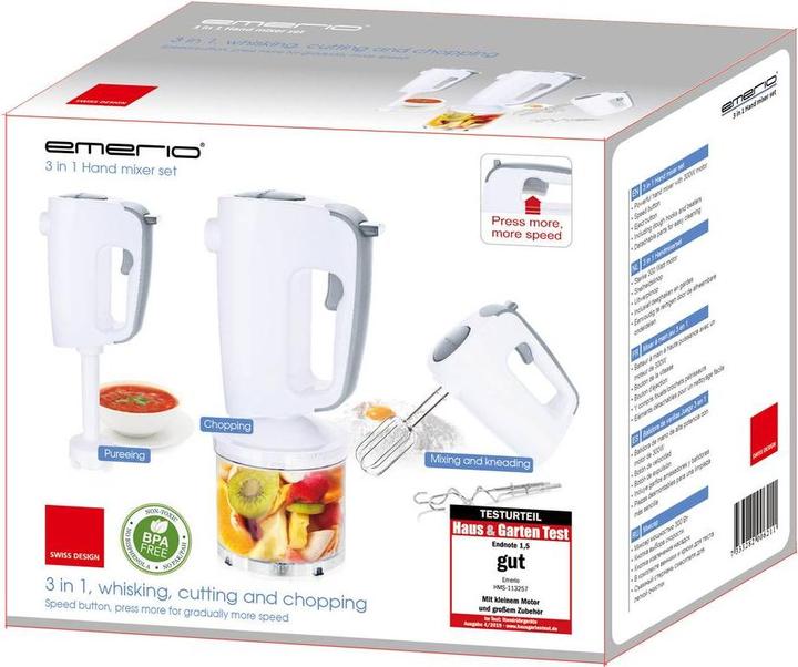 Produktbild Emerio Handmixer mit Knethaken, Quirle, Zerkleinerer (300 W)