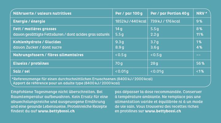 Valori nutrizionali e ingredienti Betty Bossi Food WheyProtein vaniglia, 600g, set da 2 (2 Pezzo/i, 600 g)
