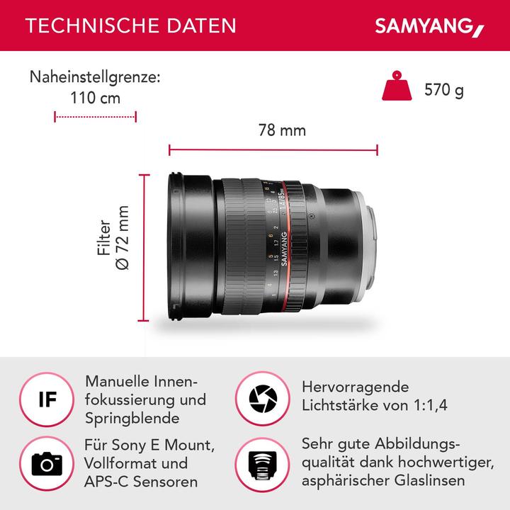Produktbild Samyang 85mm f/1.4 AS IF UMC - Sony E (Sony E, Vollformat)