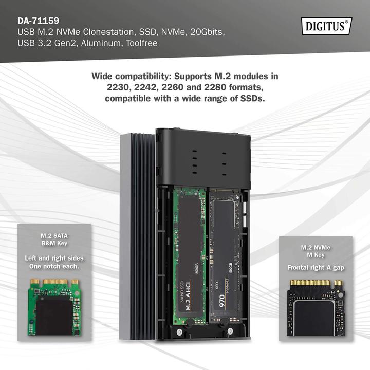 Image du produit Digitus Station de clonage USB M.2 NVMe, SSD, NVMe, 20Gbits, USB 3.2 Gen2, aluminium, toolfree (M.2 2280, M.2 2260, M.2 2242, M.2 2230)
