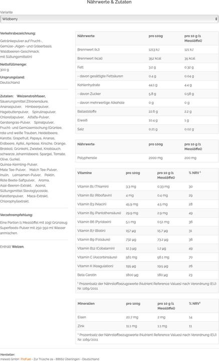Nährwerte und Zutaten ProFuel Grünzeug (Superfood) (Wild Berry, 1 Stk., 300 g)