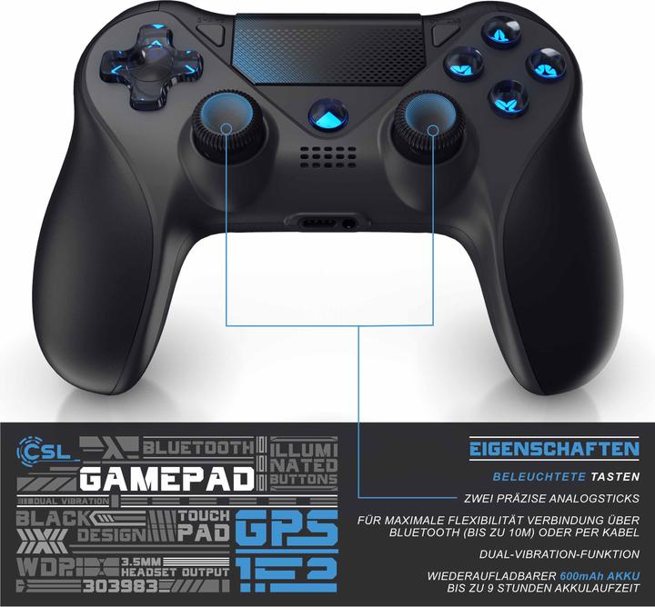 Actual product image CSL Gaming controller, wireless gamepad for PS4, Playstation & Switch, Bluetooth & cable, touchpad (Switch, PS4)