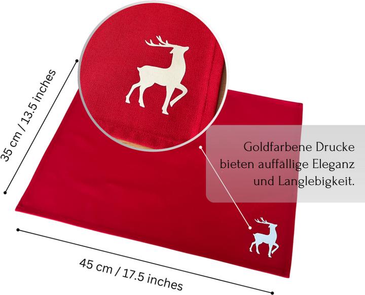 Produktbild Atölye No:35 Tischsets Weihnachten, 4er Set Rot Gold Rentier-Stickerei, Abwaschbar 45x35 cm (4 x, 45 x 35 cm)