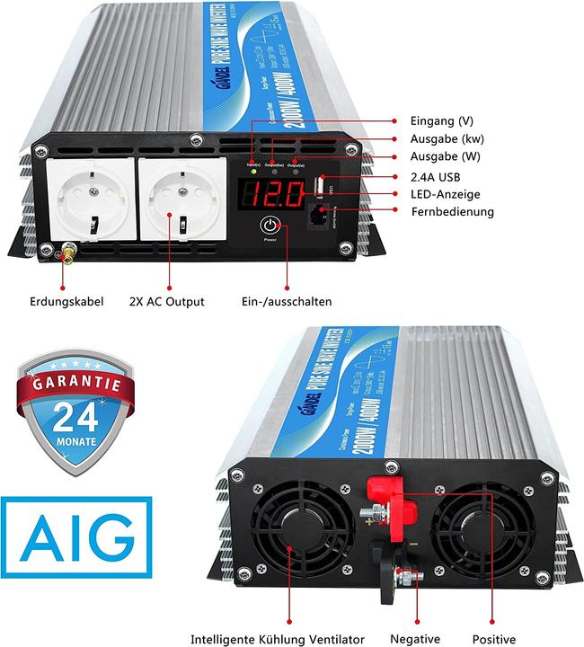 Produktbild Giandel Wechselrichter 12V auf 230V Reiner Sinus 2000W