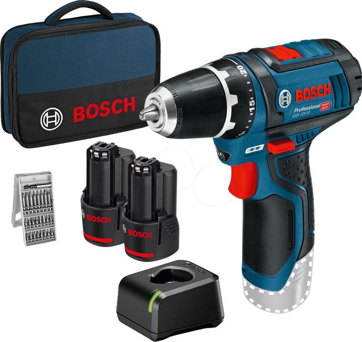 Charger GAL 12V-20 Prof, 25 screwdriver bits, 2 x rechargeable battery GBA 12V 2.0Ah