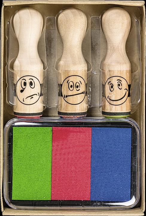Produktbild 1048692 Stempelset (Belohnung Smiley, 3 Motivstempel aus Holz, inkl. Stempelkissen mit 3 Far