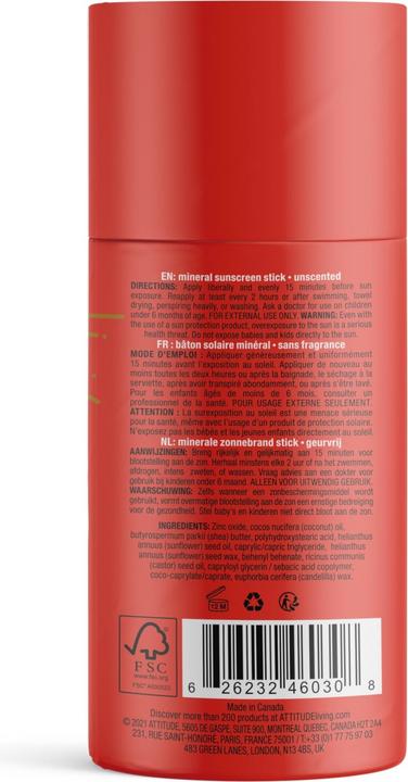 Image du produit Attitude Stick non parfumée (Crème solaire, SPF 30, 85 ml, 120 g)