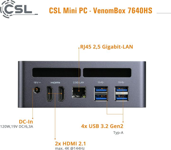 Actual product image CSL Mini-PC VenomBox 7640HS / 32GB / 500 GB M.2 SSD / Windows 11 Pro (AMD Ryzen 5 7640HS, 32.77 GB, 500 GB)
