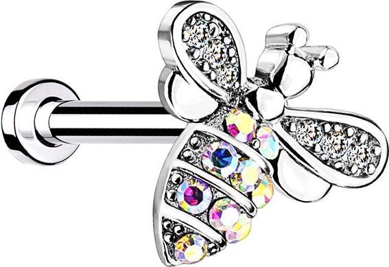 Produktbild Star Piercing Micro Labret Innengewinde silber Biene mit Kristallen (Messing, Chirurgenstahl 316L)