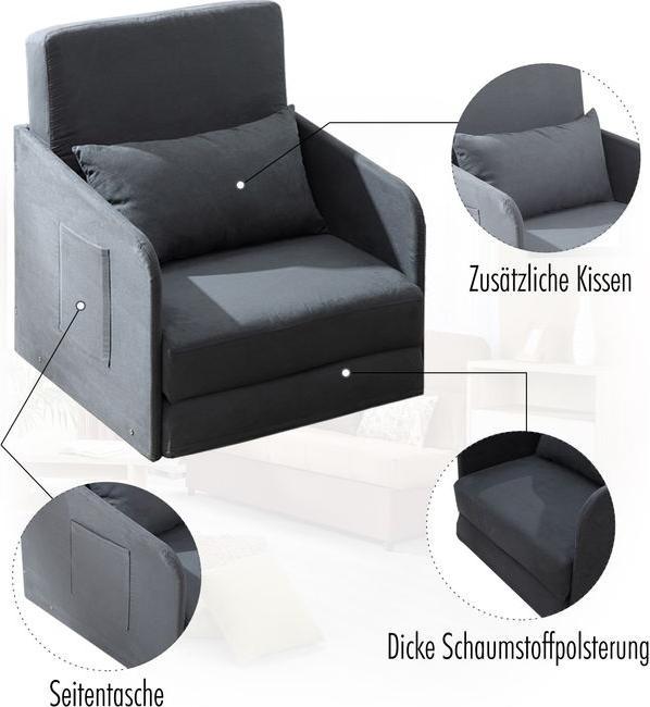Image du produit Swisshandel24 Canapé-lit Canapé-lit simple Housse lavable 2 poches latérales Coussins Métal Gris 70 x 76 x 77 cm