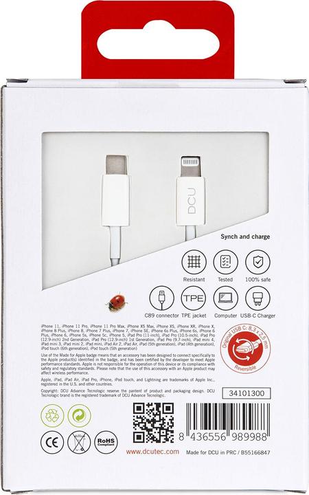 Image du produit DCU Tecnologic Connexion Type C Lightning Fo 11 Blanc Pvc 1m (1 m, USB 3.2 Gen 2)