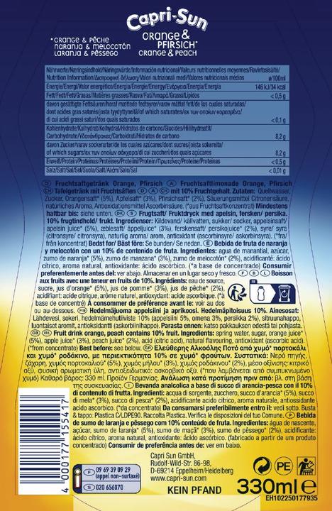 Valeurs nutritives et ingrédients Capri-Sun Orange & Pêche (1 x 33 cl)