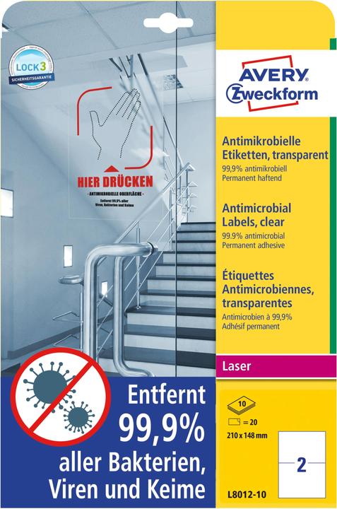 Actual product image Avery AVZ L8012-10 Antimicrobial labels 210x148mm transparent
