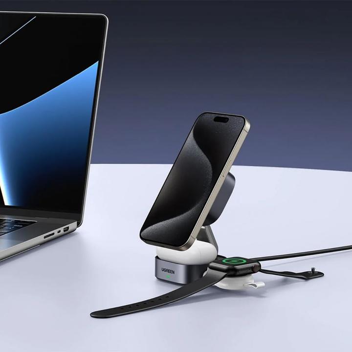 Actual product image Ugreen W702 3in1 inductive charger with MagSafe / Qi2 and USB-C port for phone / headphones - black (15 W)