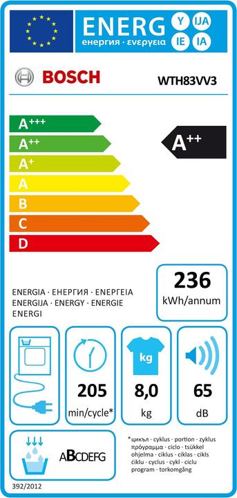 Energy Label Bosch Hausgeräte WTH83VV3 (8 kg, Right, EU plug)
