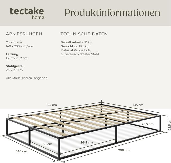 Produktbild tectake Metallrahmenbett Kyoto mit Lattenrost, 250 kg (200 x 140 cm)