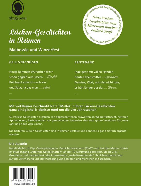 Produktbild Maibowle und Winzerfest - Lücken-Geschichten in Reimen für Senioren (Deutsch, Natali Mallek, 2017)