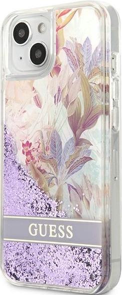 Actual product image Guess GUHCP13SLFLSU iPhone 13 Mini 5.4-inch Thin / Purple Hard Case with Flower Liquid Glitter (Apple iPhone 13 mini)