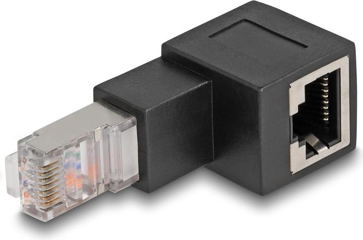 Produktbild Delock RJ45 Stecker zu RJ45 Buchse Adapter Cat.6A 90° nach unten gewinkelt (UTP, CAT6a, 0.05 m)