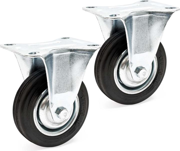 Actual product image Wiltec Set of 2 Solid-rubber Fixed Castors, Transport Rollers 100mm w/Metal Rim, Mounting Plate, 70kg/Roll