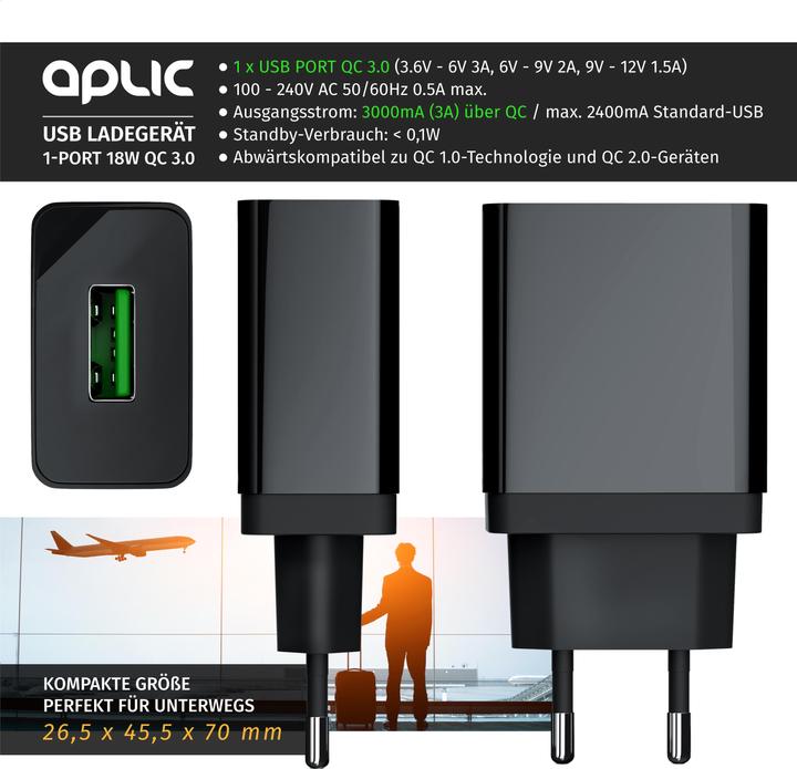 Immagine prodotto Aplic Caricatore USB 3000 mA, caricatore USB Quick Charge 3.0 1x porta USB A QC 3.0, max. 3A via QC, nero