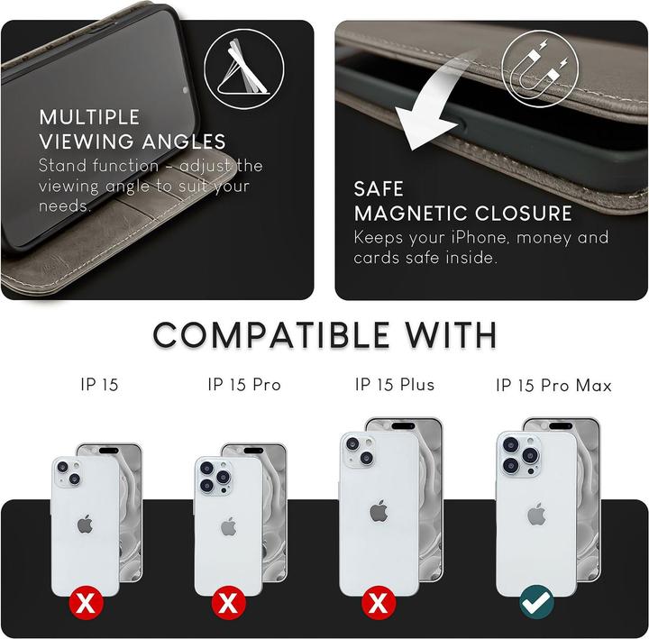 Productafbeelding Nalia Echt lederen flip-case hoes met magnetische sluiting (Apple iPhone 15 Pro Max)