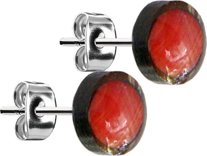 Produktbild Star Piercing Ohrstecker silber Teller Kokosnuss Holz mit Fake Koralle rot (ohne Messing, Organisch, Chirurgenstahl 316L)