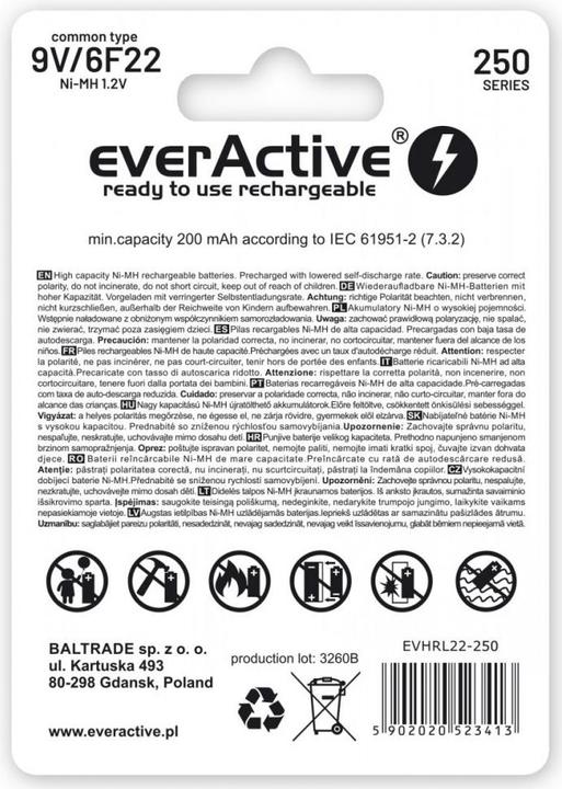 Image du produit Everactive Rechargeable 6F22 9V 250 mAh (1 pcs, 9V Block, 200 mAh)