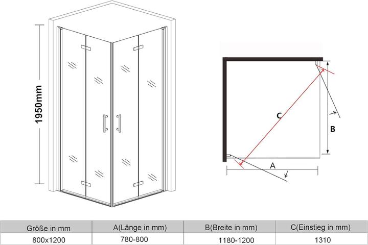 Immagine prodotto SONNI Box doccia angolare 195 cm 120x80x195 cm (195 cm, 120 cm, 195 cm)