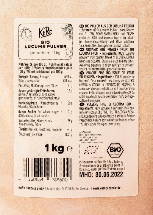Valeurs nutritives et ingrédients KoRo Poudre de lucuma biologique (1000 g)