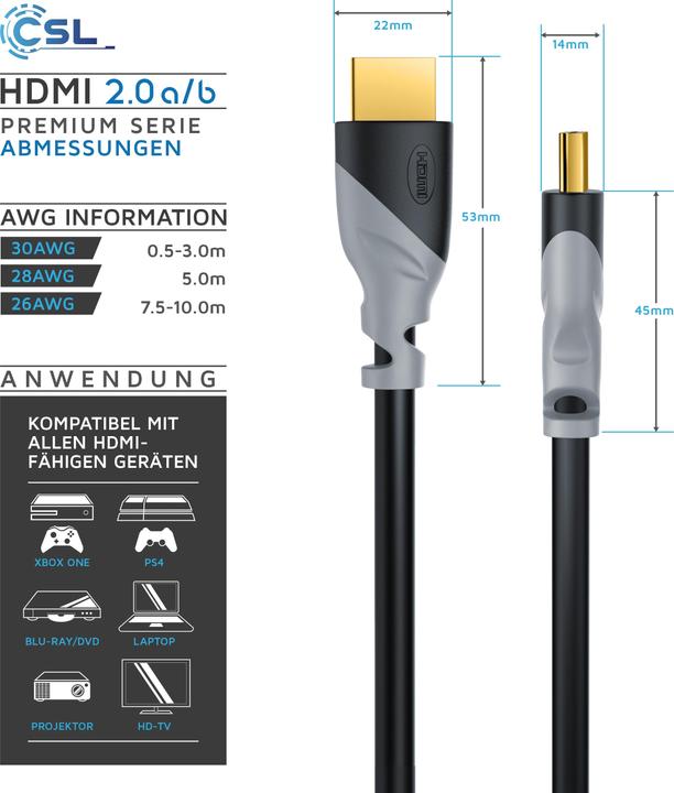 Produktbild CSL HDMI Kabel 2.0b - 4k Ultra HD 2160p - High Speed - 3D Ready - 3 fach geschirmt - HDMI 2.0b 2.0a 2.0 (10 m, HDMI)