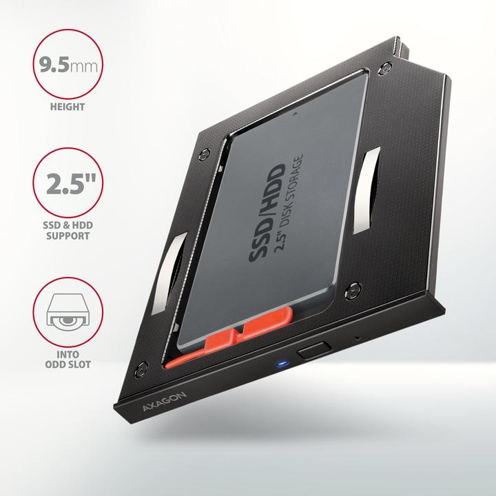 Produktbild Axagon RSS-CD09 2.5 Zoll SSD/HDD Adapter für optisches Laufwerk, 9,5 mm, LED