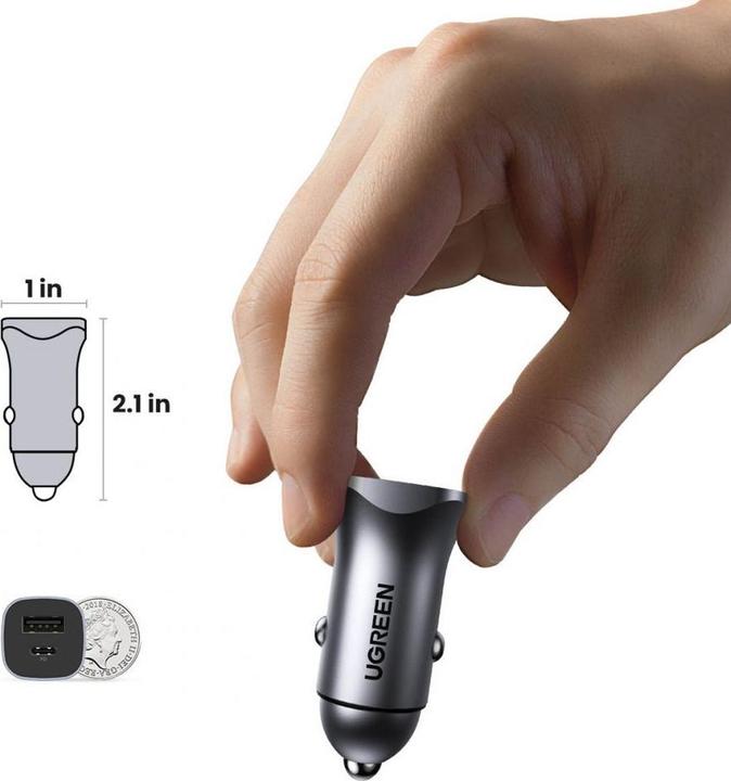 Actual product image Ugreen CD130 Car Charger, USB-A+PD 3.0, USB-C, QC3.0 30W (Grey)