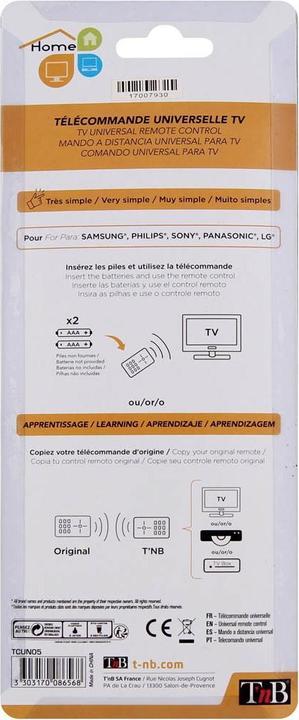 Image du produit T'nB Télécommande universelle Panasonic, Philips, LG, Samsung & Sony (Télécommande universelle, Infrarouge)