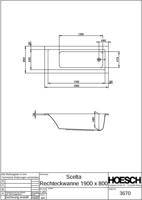 Actual product image Hoesch Bath SCELTA 1900x800x480mm white (205 l, 190 cm, 80 cm)